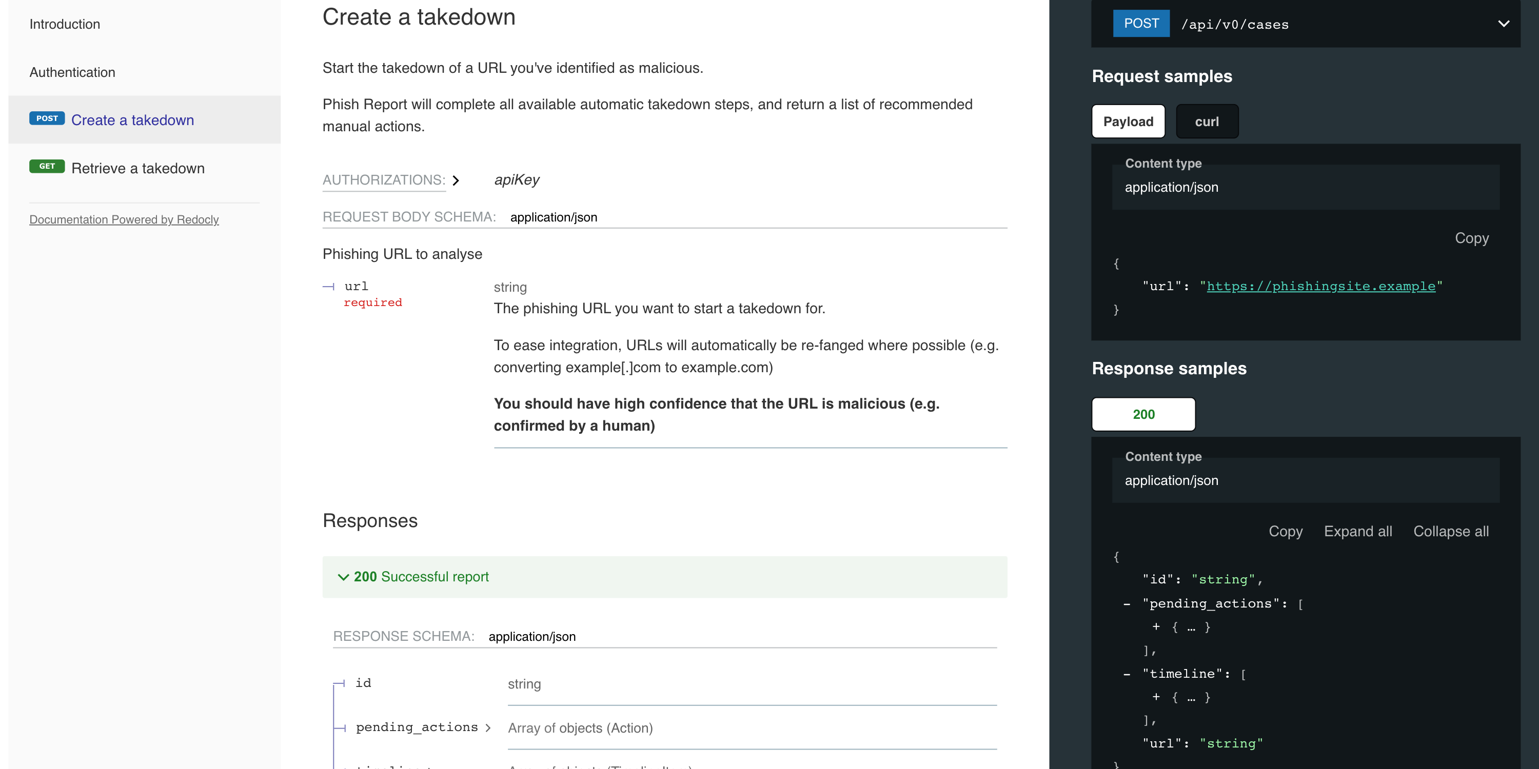 Screenshot of the Phish Report API documentation