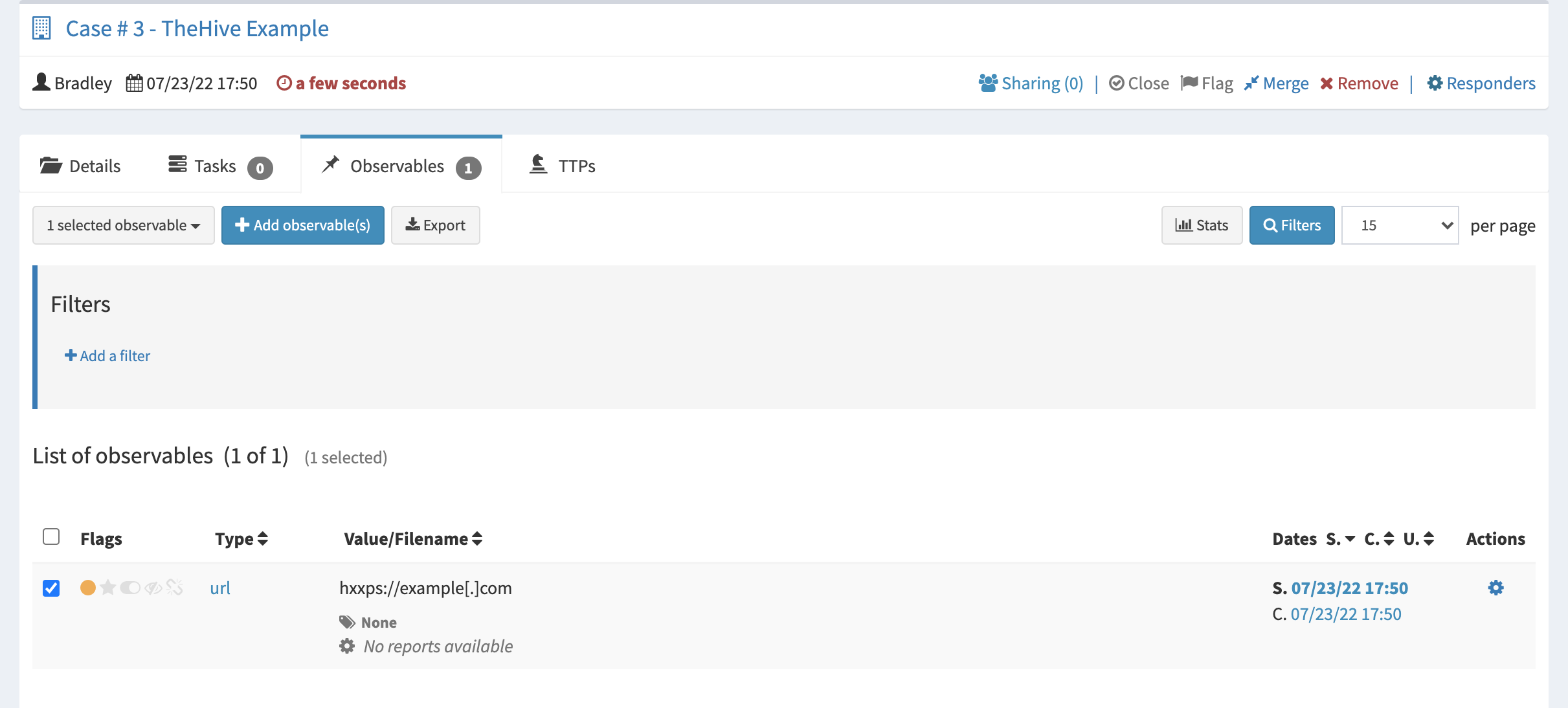 Screenshot of TheHive Observables tab for a case