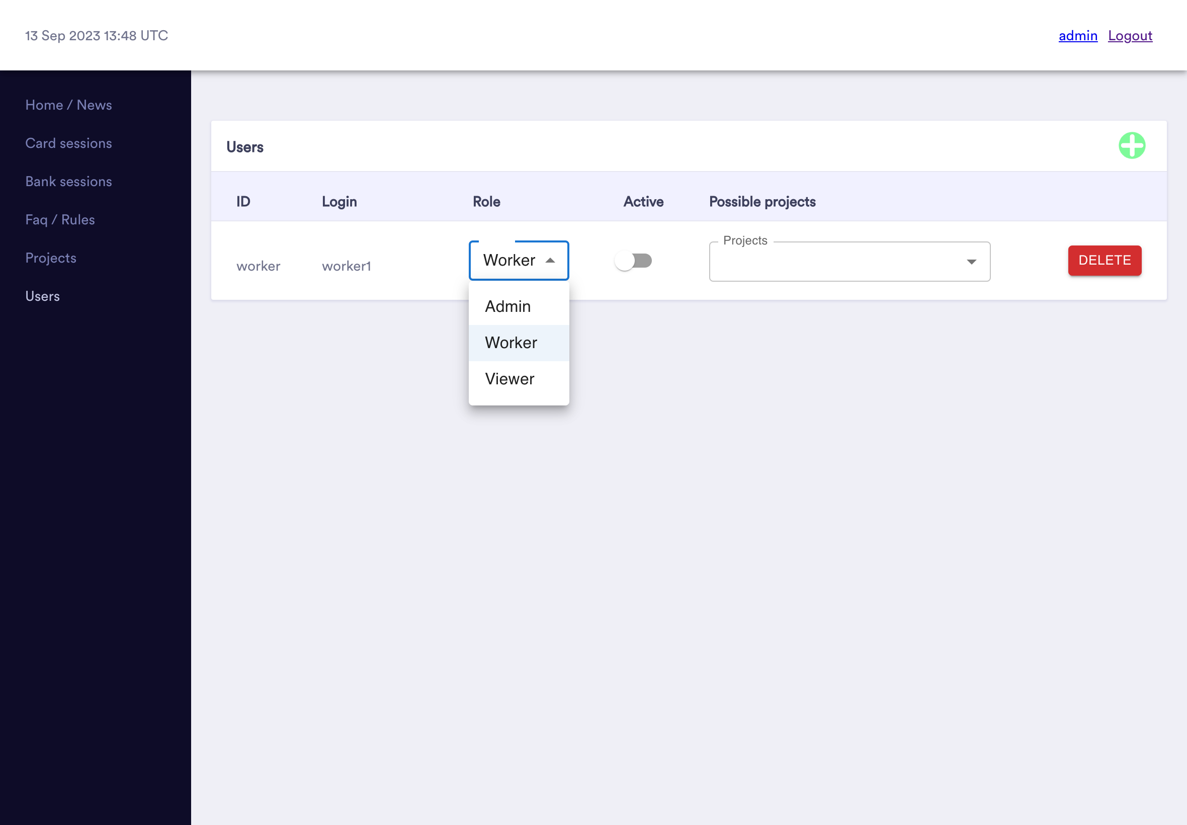 The admin interface for managing users and assigning them to projects